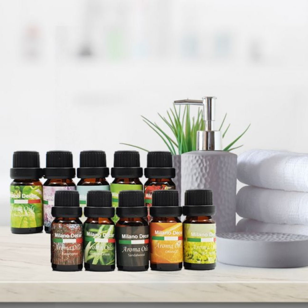 Premium Milano Decor essential oil gift box set displaying 10 amber bottles with Australian aromatherapy oils